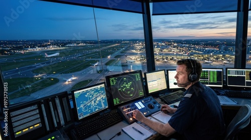 An air traffic controller inside a high control tower overlooking runways and aircraft, multiple illuminated screens, panoramic aviation view, calm precision and high-responsibility atmosphere,