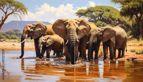 A herd of elephants drinking from a shallow waterhole surrounded by trees