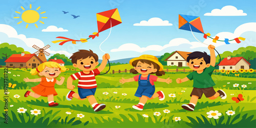 Children playing happily on a sunny meadow with grass and rainbow