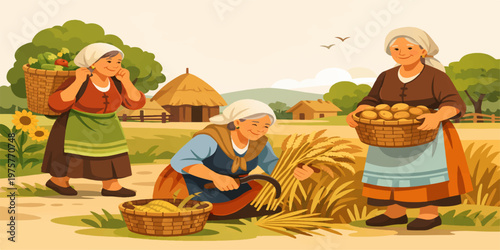 Autumn harvest festival with farmer and his wife cartoon illustration