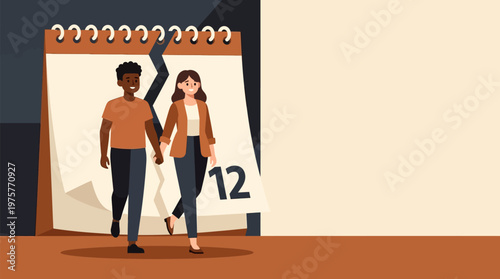 A diverse couple holding hands walking away from a torn calendar page, symbolizing a breakup or the end of a relationship.