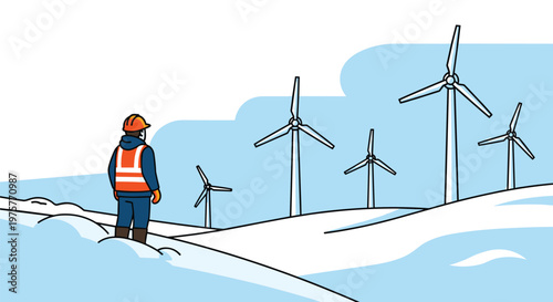 A solitary worker in high-visibility safety gear observes a series of wind turbines across a serene and snowy landscape with a soft blue color palette.