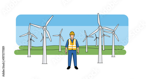 A professional technician in a yellow hard hat stands centered before a symmetrical arrangement of wind turbines set against a vibrant green meadow backdrop.