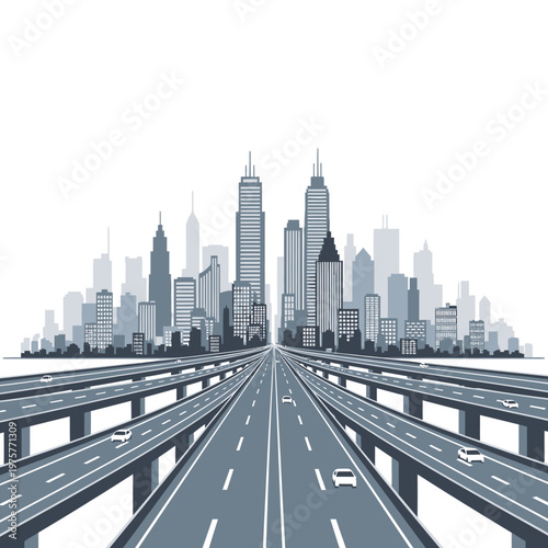 Modern City Skyline with Multi-Level Highways and Traffic