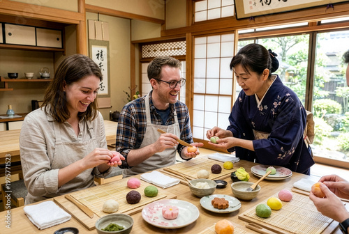 和菓子作りを体験する外国人観光客
