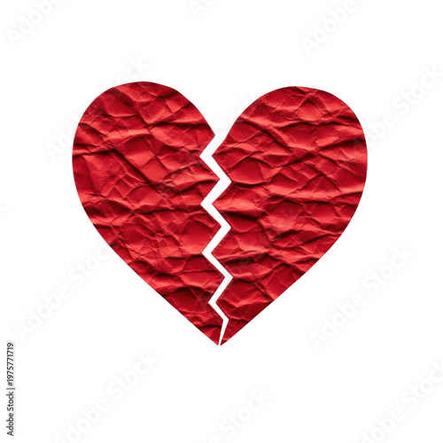 Extreme macro close-up of a single, crumpled, blood-red paper heart, torn across the center on a transparent background with dramatic shadows, concept of irreparable damage and distress