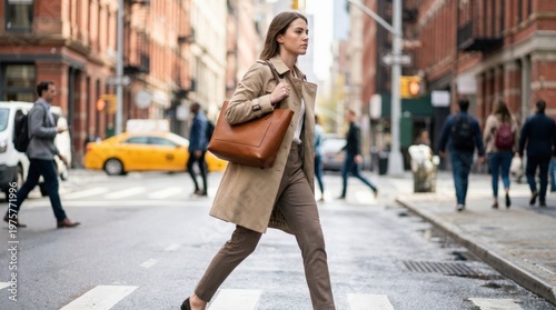 A young woman with a handbag walking quickly down the street, purposeful stride, urban lifestyle and punctuality concept, clean daylight scene, photorealistic editorial lifestyle photography, natural