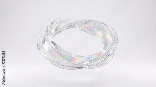 A twisted floating glass ribbon forming a sleek continuous loop, rainbow iridescent sheen on a white background, refined dynamic minimalism, ultra-realistic, no logos.