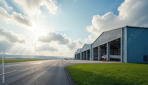 Row of airplane hangars at an airport with runway and green grass. Aircraft are parked inside open hangars under a partly cloudy sky. Sun shines through clouds.