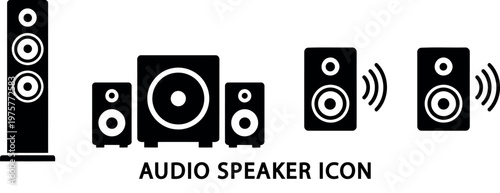 Black silhouette illustration of a home theater speaker system on transparent background