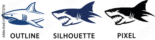 A stylized blue shark head illustration with sharp teeth on transparent background