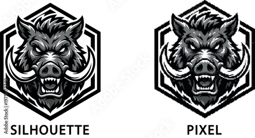 Aggressive wild boar head mascot design within a hexagon on transparent background