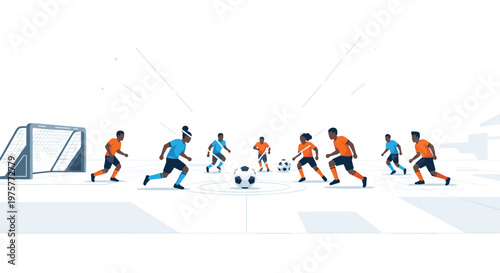 Dynamic soccer players in vibrant orange and blue jerseys compete for the ball on a minimalist white field during an intense match with clean aesthetics.