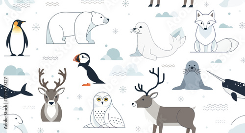 Arctic animals in a line drawing.