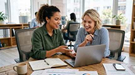 Two women sharing ideas and discussing a project on a laptop, seated closely at a desk, papers and notebook beside them, natural office light, engaged and optimistic mood, ultra-realistic, no logos.