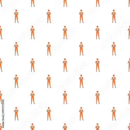 Orange jumpsuit inmates holding identification boards creating a seamless pattern