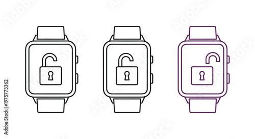 Minimalist line drawing of a smartwatch with a lock icon on the screen in three different color styles