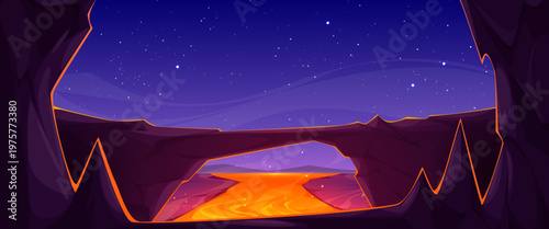 Fiery hell cave landscape with flowing lava river and volcanic rocks, cartoon vector background. Game scene with starry sky under molten magma, dark stone walls, adventure level