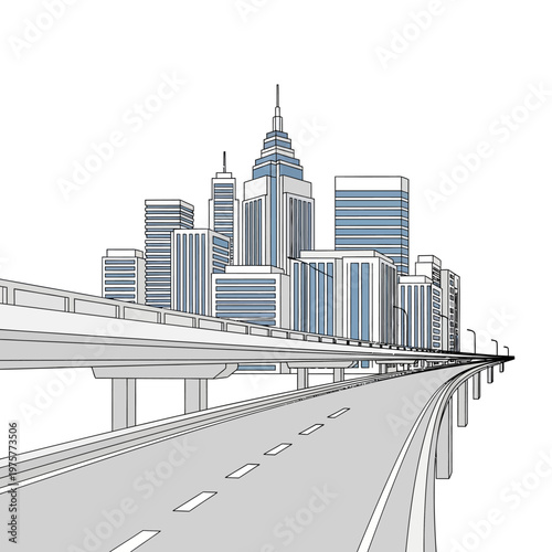 Modern Cityscape with Highway Overpass and Skyscrapers, Urban Architecture, Transportation