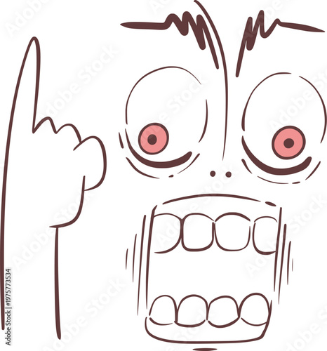 angry linear face with red pupils and a raised finger, delivering a scolding expression through minimal vector lines and strong emotional emphasis draw
