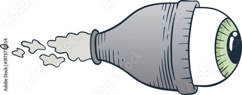 flying bionic eye with metallic base and a fixed sideways gaze, combining futuristic technology, sleek vector style, and dynamic hovering motion draw