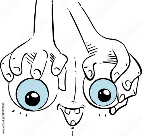 staring cartoon eyes held from behind by playful hands, paired with a quirky smiling expression that creates a humorous and charming visual draw