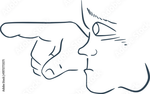 linear vector face looking sideways while pointing with its index finger, expressing clear direction through simple expressive lines draw
