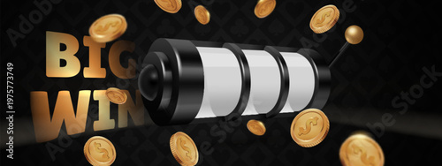 Luxurious casino background with falling gold coins and slot mashine spin on elegant black vector backdrop. VIP gambling tournament banner, premium gaming invitation border, poster template