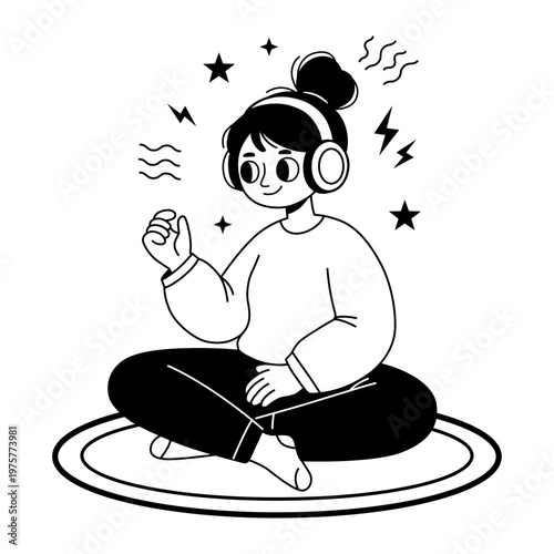 Young Woman Sitting Cross‑Legged With Headphones Listening to Music and Relaxing Mindfully