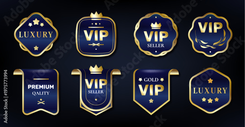 Premium blue gold ribbon labels, luxury emblems, realistic vector icons isolated on black background. Elegant golden banners, tags for VIP awards, certificates, exclusive promotions, seal badge frames