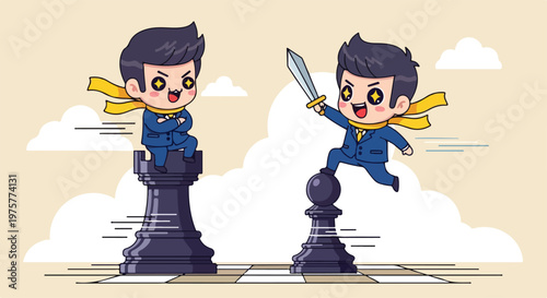 Cartoon boys dressed as chess pieces engaging in a playful chess game on a light background