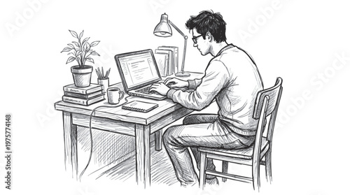 Hand drawn pencil sketch of a man working on a laptop at a desk in a stylized illustration
