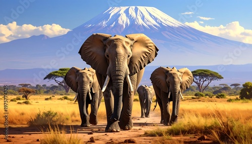 A herd of elephants walking towards a majestic snow-capped mountain