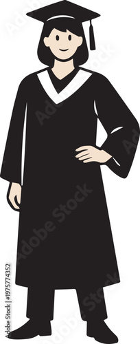 Confident Graduate Standing in Cap and Gown Simple Pose Illustration