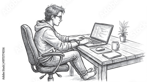 Hand drawn pencil sketch illustration of a young man wearing glasses working on a laptop at his desk