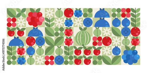 Geometric berry pattern with blue and red berries in minimalist flat style. Abstract vector fruit icons for seamless backgrounds, packaging design, or modern decorative elements.