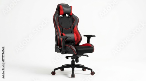 A black and red ergonomic gaming chair with armrests and headrest on a white background, sporty contours, breathable surfaces and bold modern energy, ultra-realistic, no logos.
