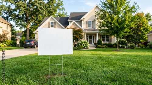 A blank yard sign standing on a green lawn with a softly blurred house in the background, clean exterior template for real estate or custom messaging, sunny residential atmosphere with fresh grass and