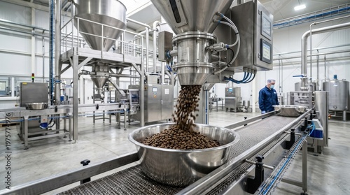 Automated machinery dispensing dry pet kibble into a large stainless steel bowl, clean industrial food production line with modern technology and efficient workflow, shiny equipment, hygienic factory