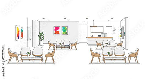 A spacious and minimalist office lobby features multiple seating areas with white chairs, wooden tables, and colorful abstract wall art in a bright space.