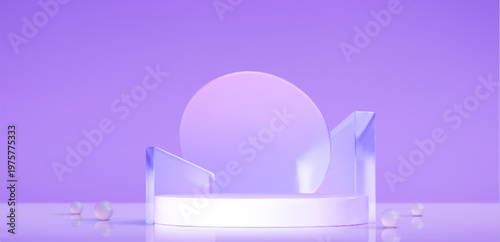 Elegant round podium with glass shapes on gradient purple background. 3D realistic vector backdrop with crystal platform for beauty product display with transparent geometric forms