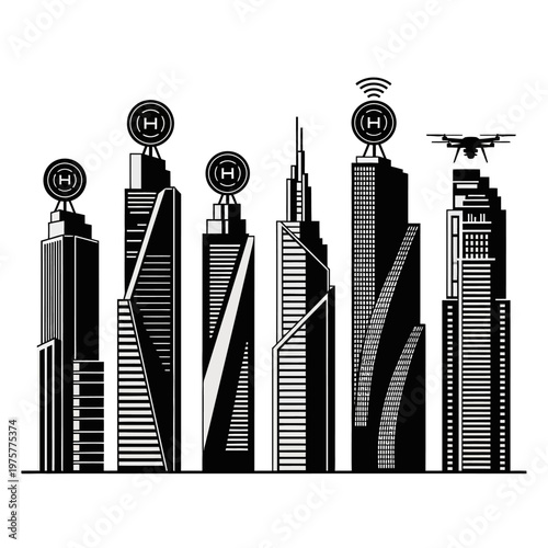 Futuristic Cityscape with Crypto Logos and Drone, Smart City Concept