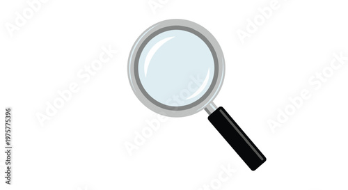 A standard magnifying glass with a sleek black handle is centered on a plain white background, showcasing a clear and empty lens in a minimalist design.