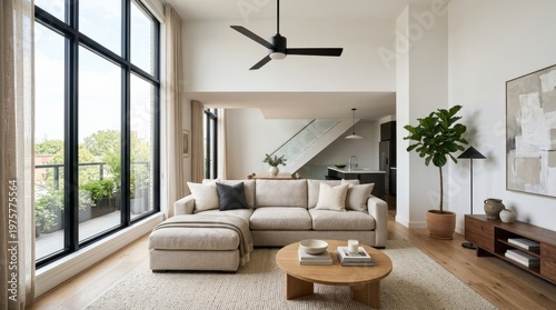 light-filled luxury living room interior mockup, a contemporary couch beneath a sleek modern ceiling fan, soft daylight filtering through large windows, uncluttered styling and domestic comfort,