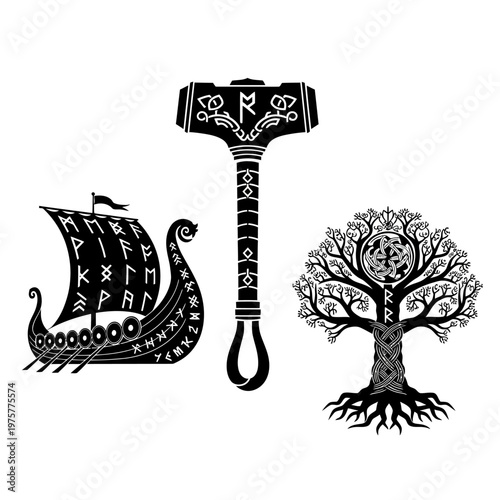 Viking Norse Mythology Symbols: Longship, Thor's Hammer, and World Tree Illustration