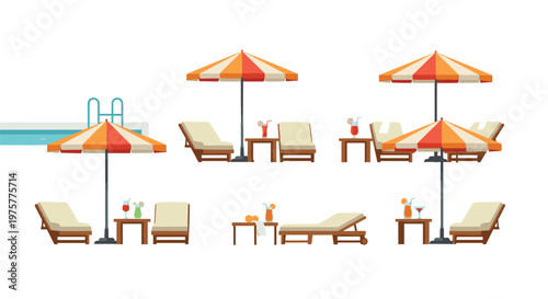 Vibrant striped beach umbrellas stand over wooden lounge chairs and cocktail tables arranged neatly beside a sparkling blue swimming pool in sunny weather.