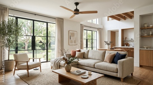 sun-washed luxury living room interior mockup, a contemporary couch beneath a sleek modern ceiling fan, soft daylight filtering through large windows, uncluttered styling and domestic comfort,
