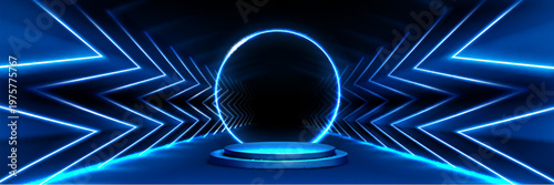 Casino podium with neon lights, abstract vector background. Futuristic 3D stage platform, electrifying game show atmosphere with vibrant LED effect and glowing geometric design elements.