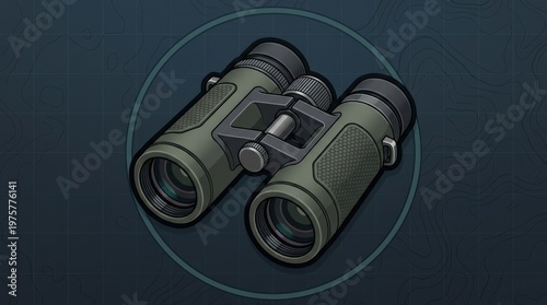 A flat binoculars icon with field-glass detail, compact outdoor utility design, crisp exploration atmosphere, ultra-realistic, no logos.