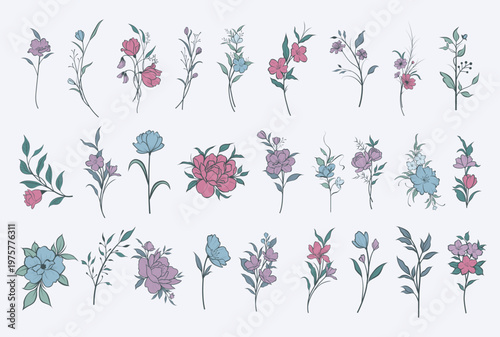 Pastel Floral Botanical Clipart Set, Hand Drawn Wildflower Illustrations, Elegant Vintage Flower Collection